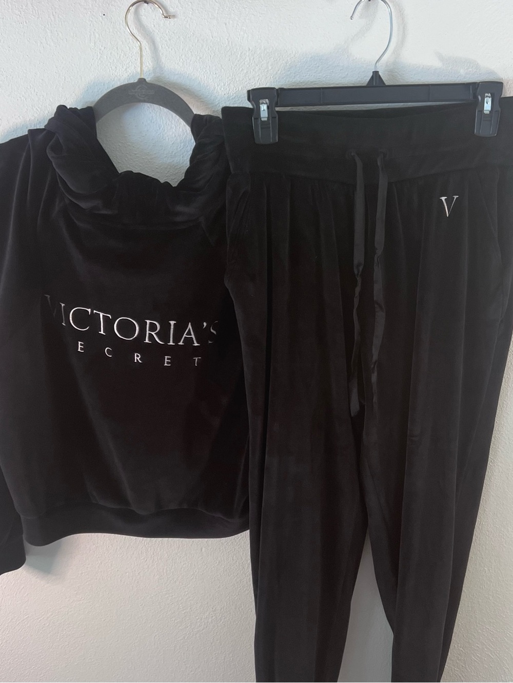 Victoria's Secret Black Velour Jogger Set - Hoodie & Drawstring Pants